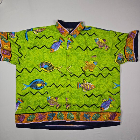 Rima International Fish Print Hawaiian Shirt 2XL Green Short Sleeve‎ Beachwear - Picture 3 of 12
